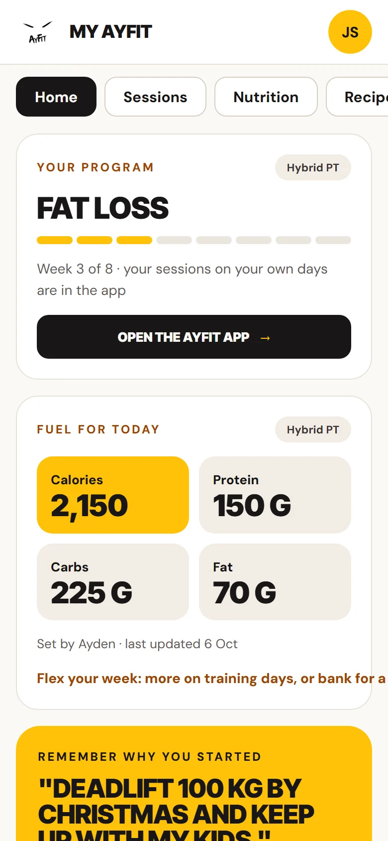 Hybrid PT in the client portal, with their Fat Loss program and fuel targets