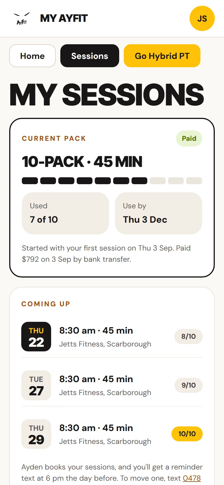 The sessions page in the client portal, with a 10-pack and upcoming bookings