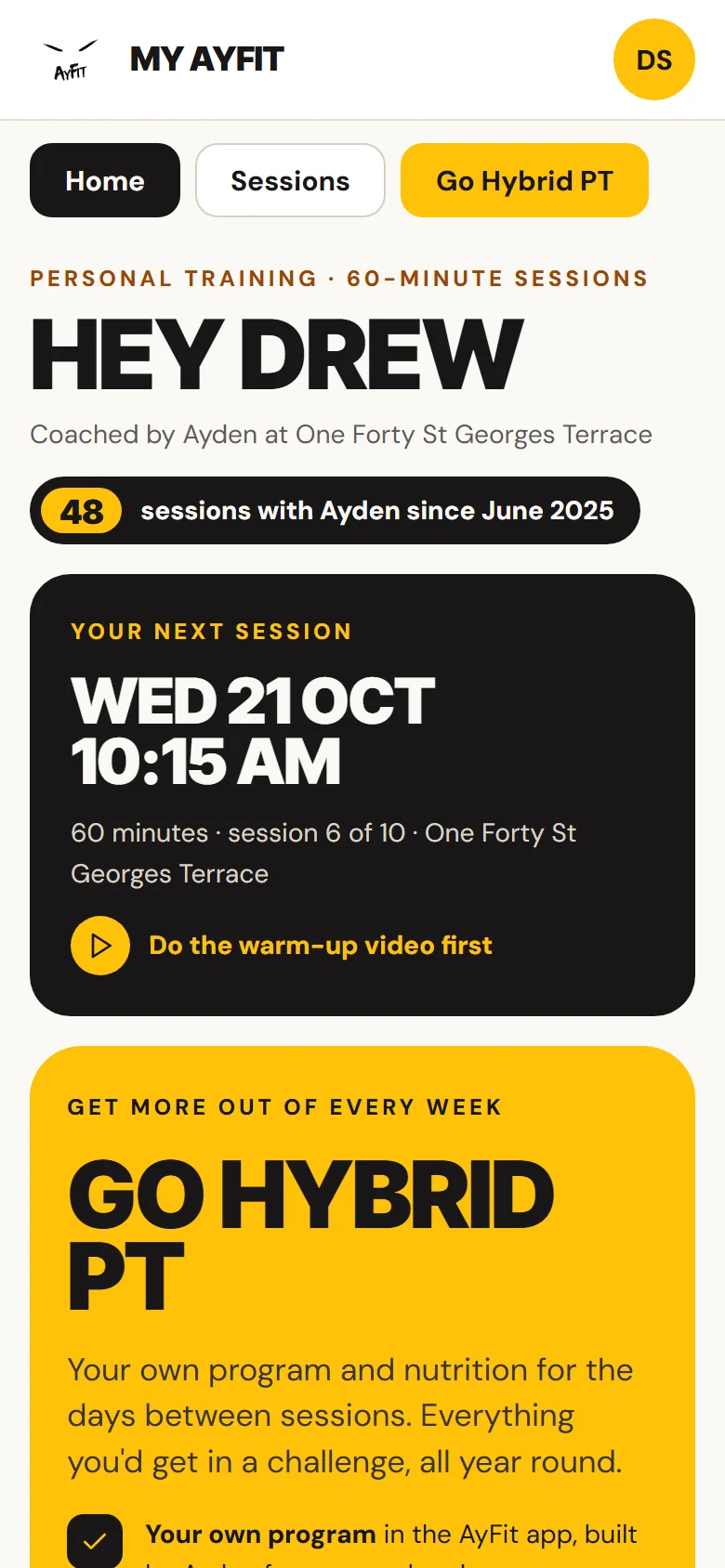 The client portal home for a PT client, with their next session and the warm-up video