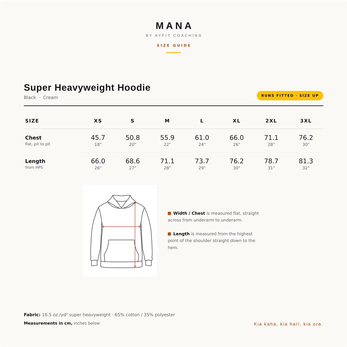 Mana super heavyweight hoodie size guide: chest and length in centimetres and inches for sizes XS to 3XL